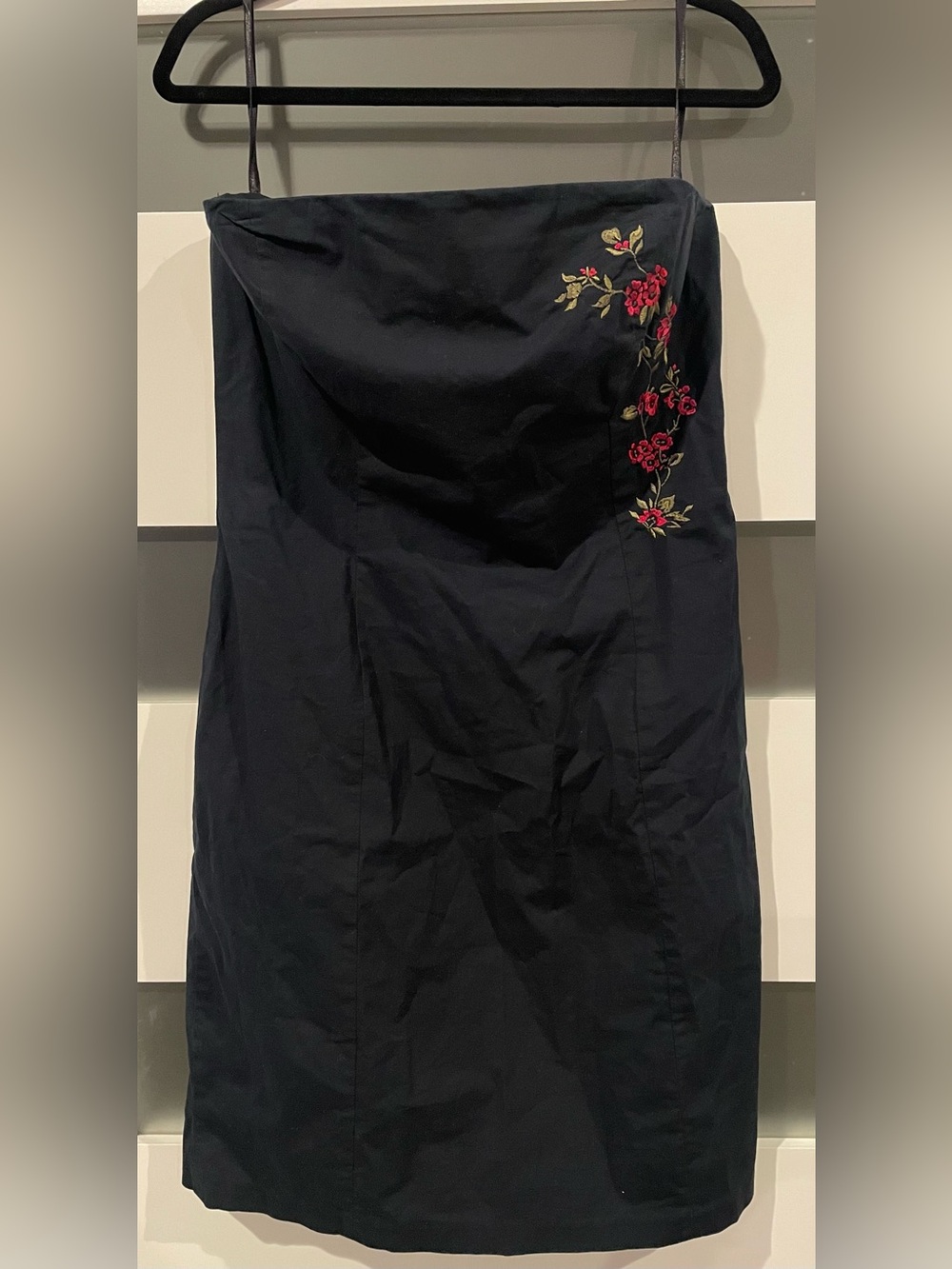 Express Black Strapless Dress with Red Floral Embroidery